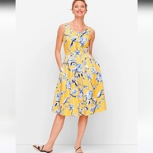 Talbots China Blue on Yellow Toile Print Sleeveless Fit & Flare Dress w/ Pockets